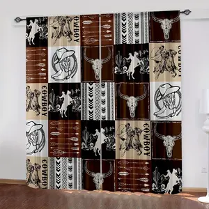 2pcs Denim Theme Curtains with Cow Head Horse Arrow Design, Geometric Plaid Western Pattern, Semi-Transparent Polyester Drapes, Home Textile