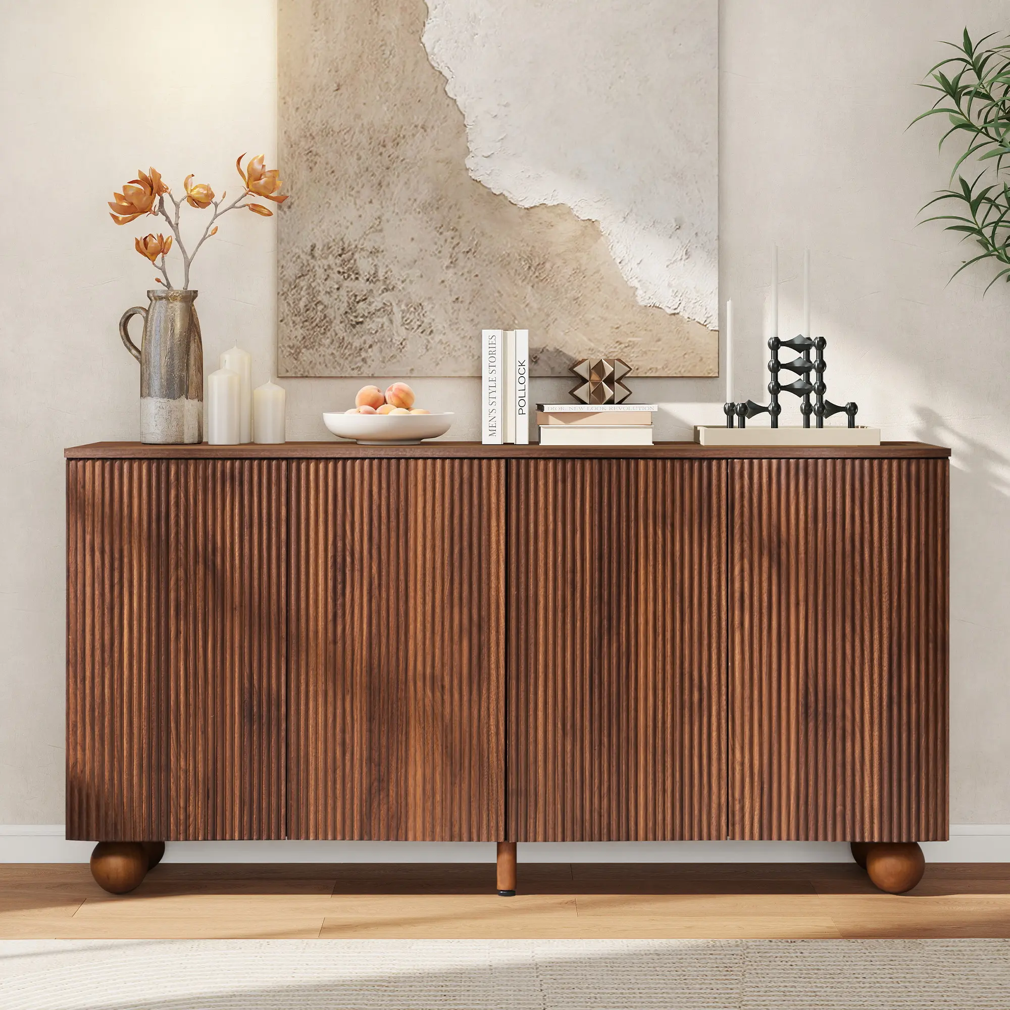 Giratree Freestanding Wood Sideboard Buffet Cabinet - 58" Width, 14" D x 29.5" H Sturdy Handleless Unit with 4 Curved Top 3D Fluted Doors, Adjustable Shelves for Living Room, Dining Room