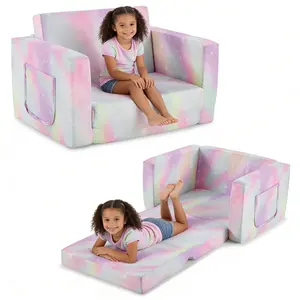 Kids Foldable Sofa Bed - 100% Sponge 2-in-1 Convertible, Spray-Print Peach Fabric Child-Safe Chaise Lounge