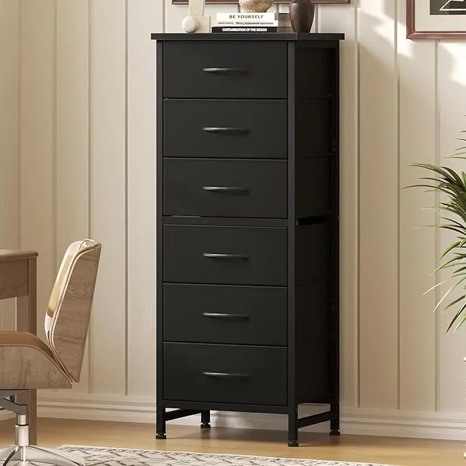 Dresser for Bedroom, 6 Drawer Narrow Tall Fabric Chest of Drawers, Storage Tower with Wood Top, Steel MDF Metal Frame & Non-Woven Fabric Drawers, Vertical Nightstand Storage Furniture for Bedroom Closet Entryway