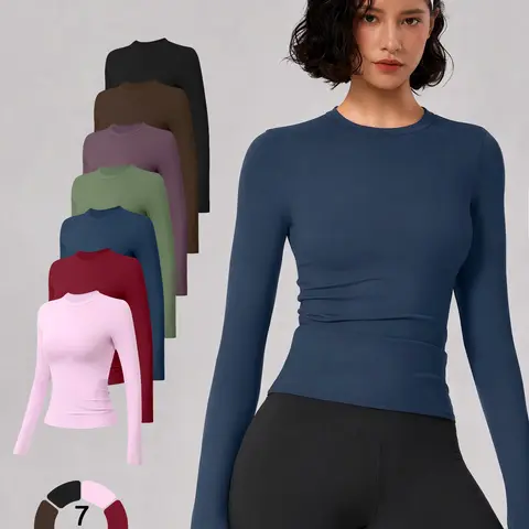 TIMEOFF Women's Plain Nylon Blend Mock Neck Long Sleeve Gym Shirt - Slim Fit, Thumb-Hole Cuffs, Stretchy Soft Breathable Fabric, Snug Non-Restrictive Clothing, Flattering Tops for Yoga, Running, Gym Training,outdoorfun