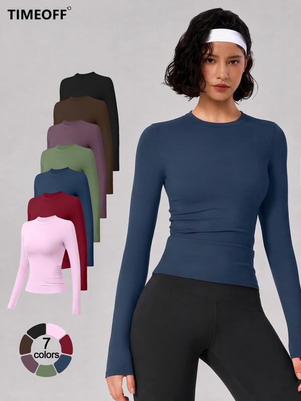 TIMEOFF Women's Plain Nylon Blend Mock Neck Long Sleeve Gym Shirt - Slim Fit, Thumb-Hole Cuffs, Stretchy Soft Breathable Fabric, Snug Non-Restrictive Clothing, Flattering Tops for Yoga, Running, Gym Training