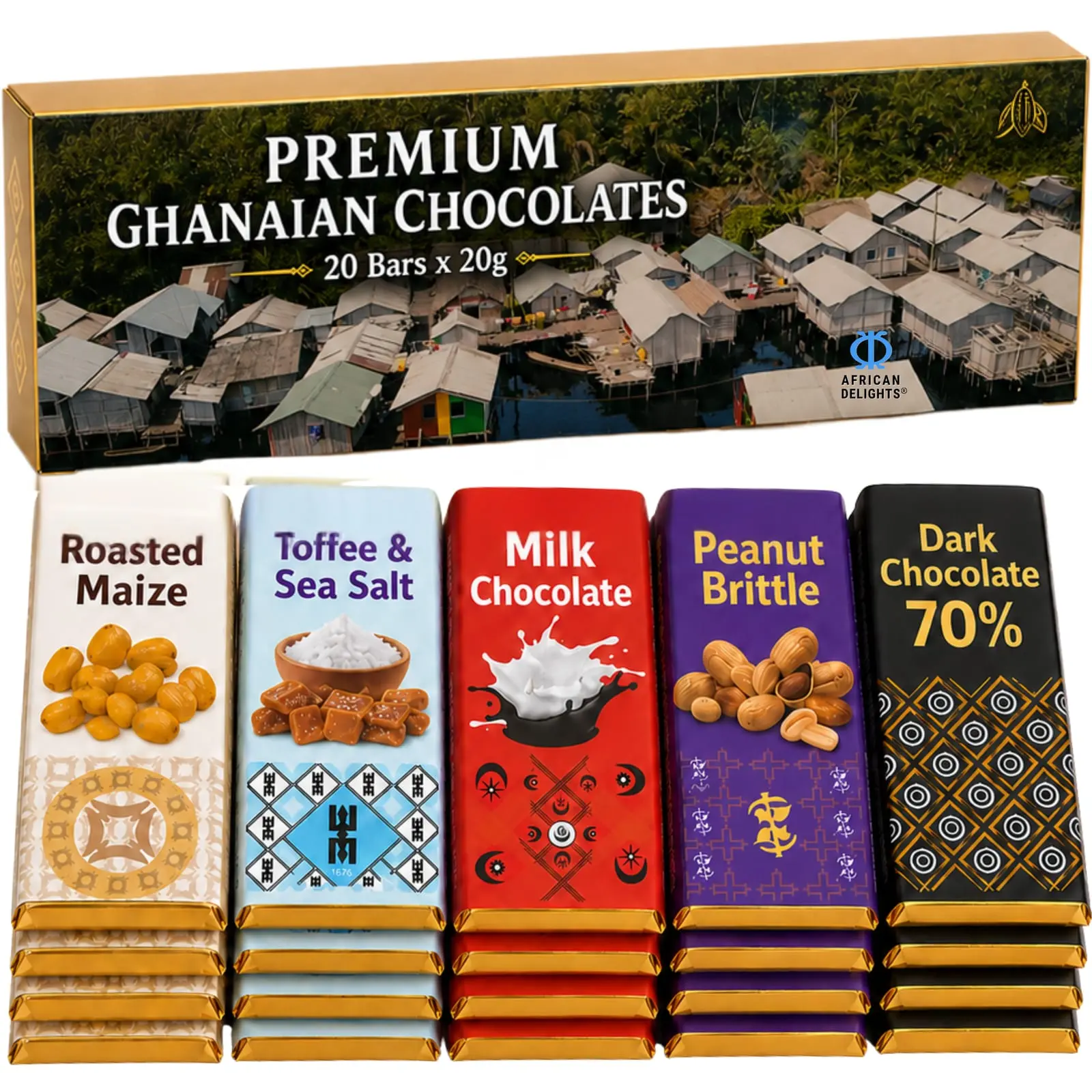 African Delights Nzulezu Stilt Village Chocolate Gift Box, 20 x 20g