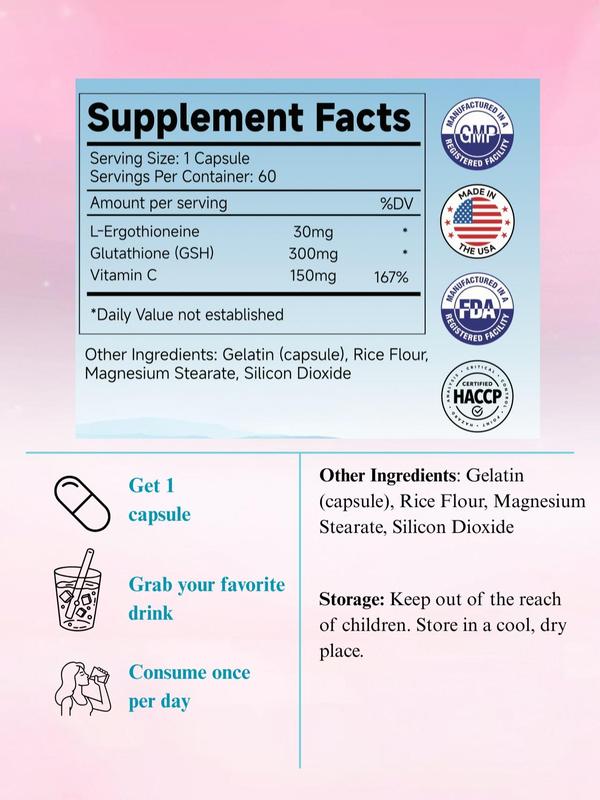 60-Count Skin Brightening Capsules for Women - Advanced Glutathione + Ergothioneine, 98% Pure, Daily Supplement gut wellness support cellular energy optimal potency health beauty fitness