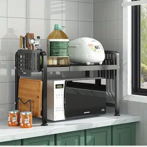 Kitchen storage rack, suitable for microwaves and ovens | Black metal countertop storage rack with open shelves, ideal for storing spices, tableware, cookware, and electrical appliances | Functional kitchen rack | Black metal frame