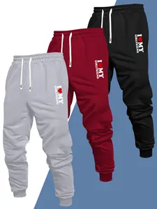 Men's 3-piece set of sports casual ribbed joggers with printed patterns, regular fit, casual sporty style, solid color basic casual pants, featuring an elastic waistband, drawstring, and pockets, perfect for outdoor activities, commuting, streetwear, suit