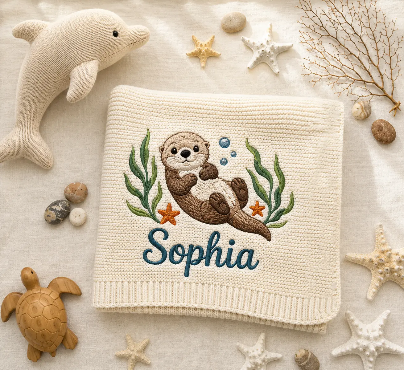 [Made-to-Order] Personalized Embroidered Seal Baby Blanket, Custom Knit Baby Blanket with Name for Newborn, Ocean Sea Life Nursery Gift, Newborn Keepsake Gift