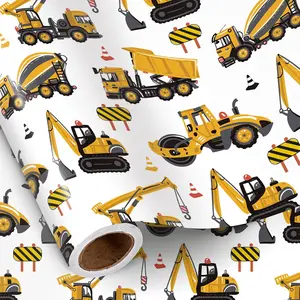 Construction  Wrapping Paper Roll for Boys, Mini Roll, Yellow Digger, Mixer, Crane Design  Wrap for  Birthday,  Party,  Theme Party, 17 Inches x 16.4