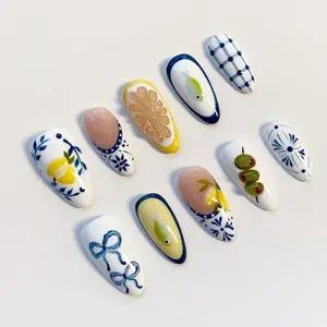 Flower Nails | Mediterranean Lemon & Olive Press On Nails  Handmade Blue White Ceramic Nail Art  Summer Fruit French Tip Fake Nails  Reusable Glossy Almond Nails for Women