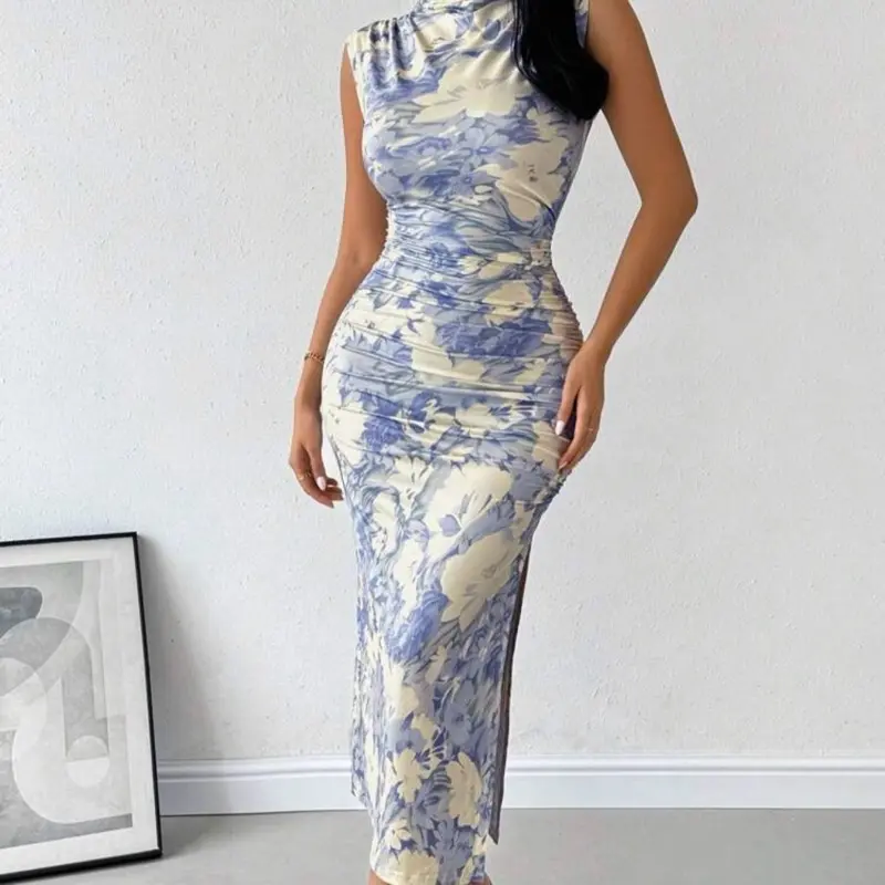 Floral Print Slim-Fit Knitted Pleated Midi Summer Dress, Elegant For Spring Break Outfits Holiday And Daily Wear
