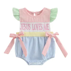 Baby Girl Easter Outfit Jesus Love Me Romper Bodysuit Ruffles Sleeve Striped Bow Jumpsuit Christian Baptism Summer Clothes