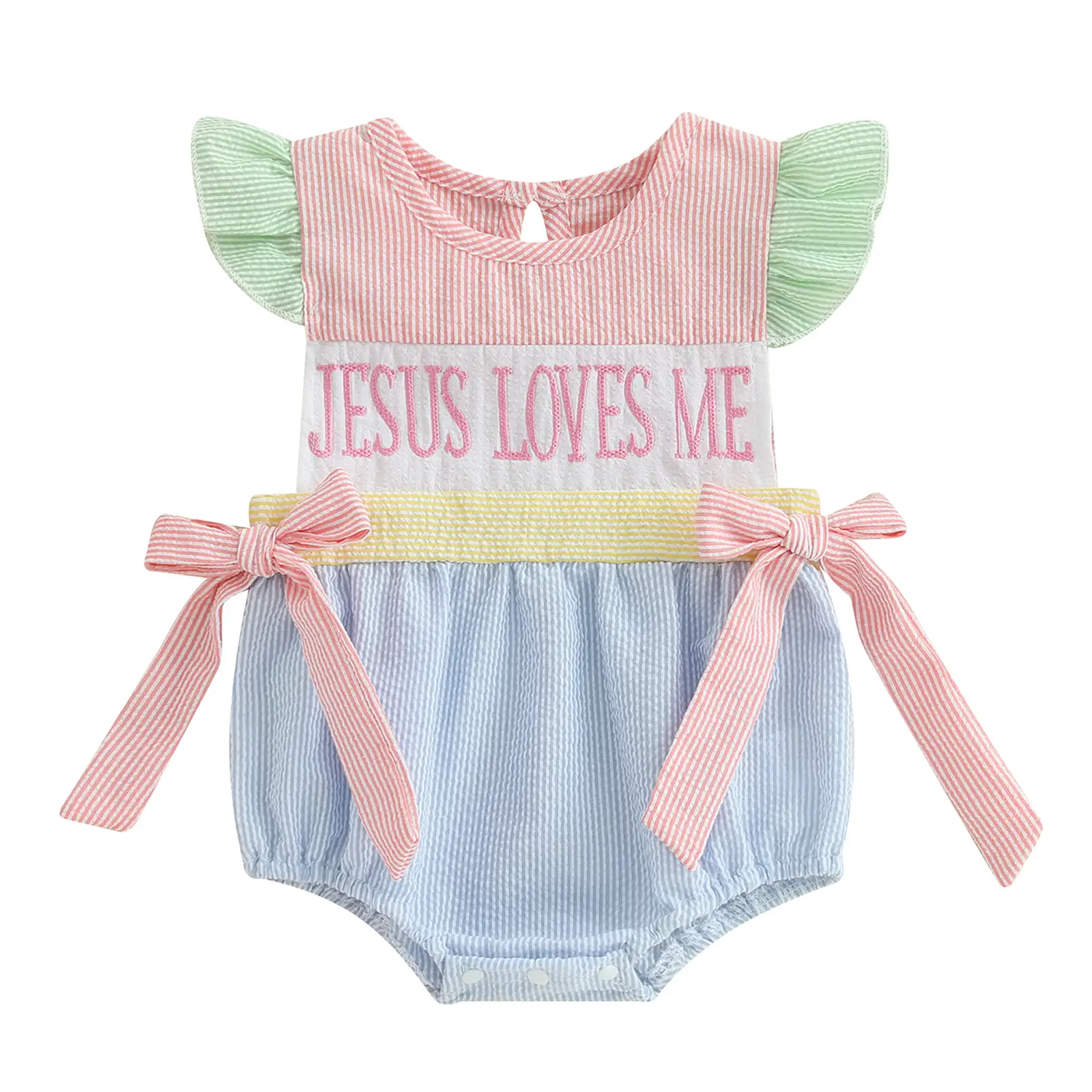 Baby Girl Easter Outfit Newborn Jesus Love Me Embroidery Smocked Bubble Romper Ruffle Striped Bows Belt Onesie Bodysuit Cute Easter Baby Clothes