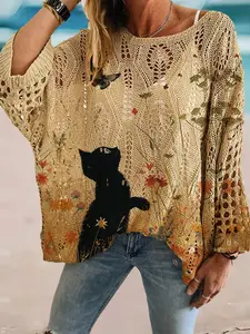 Spring Summer Round Neck Hollow Out Cat Print Boho Style Batwing Sleeve Top, Casual Layered Beach Vacation Outer Vest