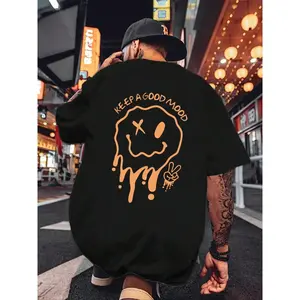 Men's Cartoon Expression & Letter Print Round Neck Drop Shoulder Tee, Summer Clothes, Graphic Regular Fit Casual Half Sleeve T-Shirt for Summer, Men's Top for Daily Wear, Casual Style Tee