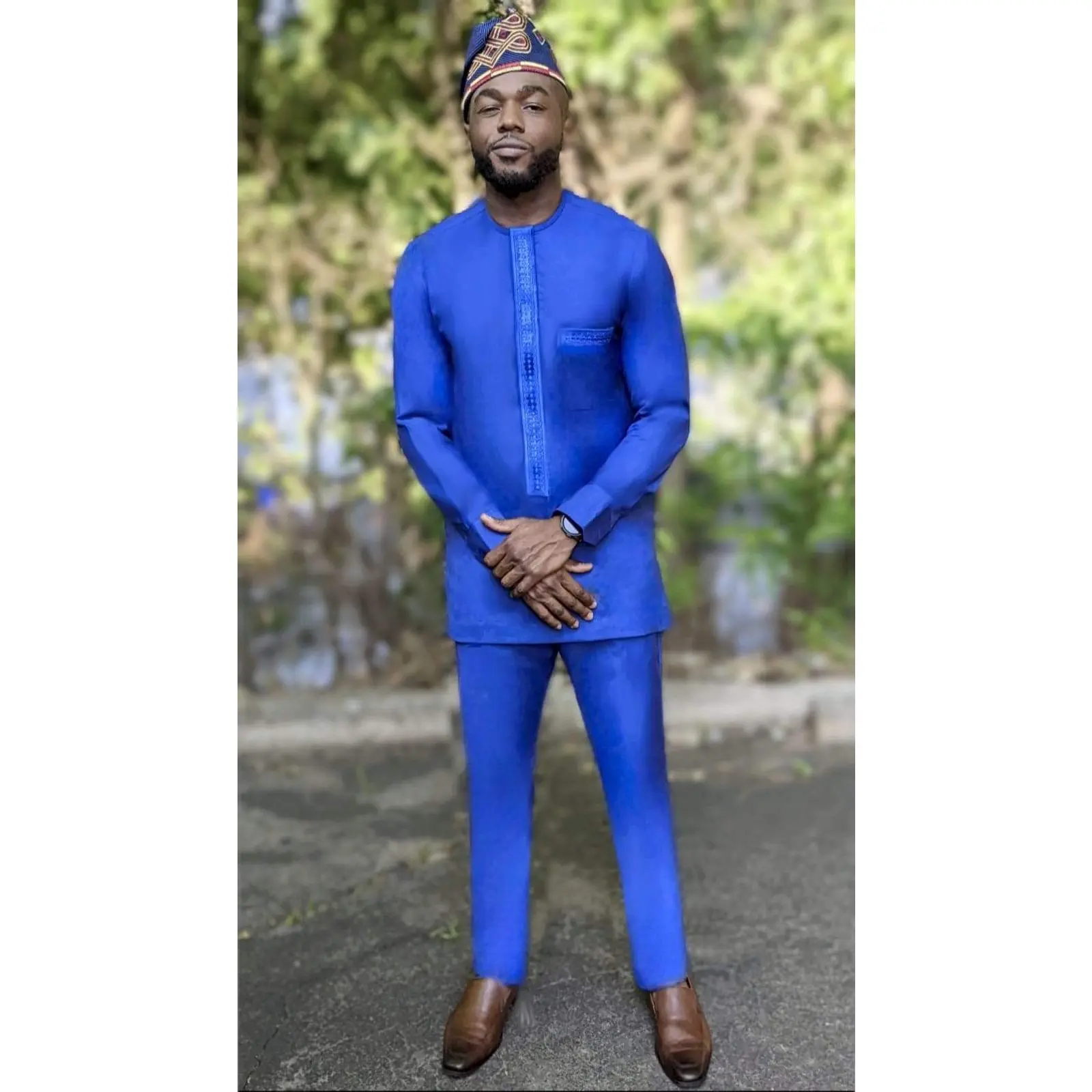 Olumese Royal Blue African Senator Dashiki African Kaftan Top with matching pants-DPASRB31