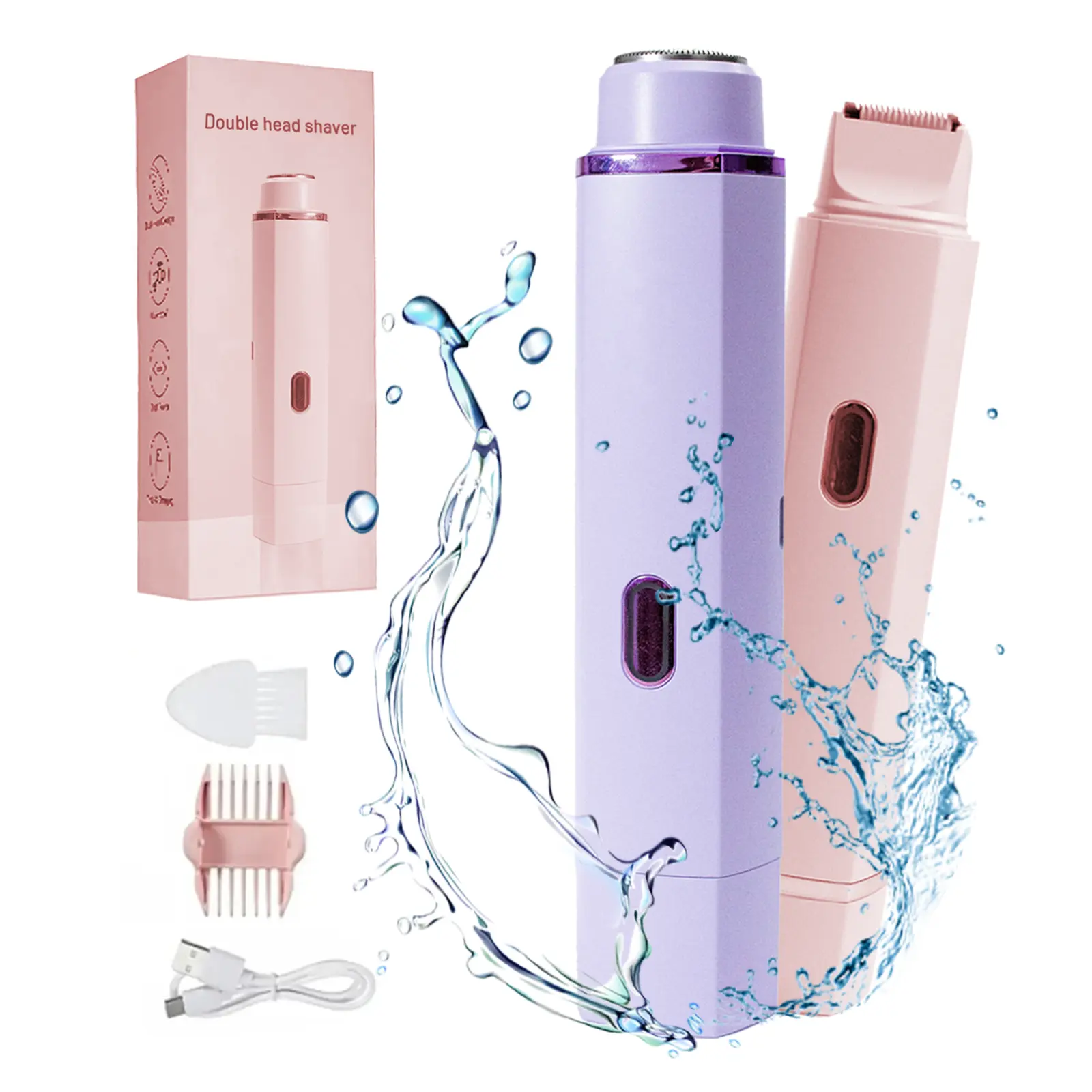 Bikini Trimmer for Women, Electric Shaver and Razor Rechargeable 2-in-1 Body and Facial Epilator, Dual Heads for Painless Trimming of Pubic Hair, Face, Underarms and Legs, IPX7 Waterproof. Christmas Gift New Year Gift Shaving Grooming