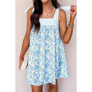 Sky Blue Floral Print Striped Patchwork Bow Knot Straps Mini Dress