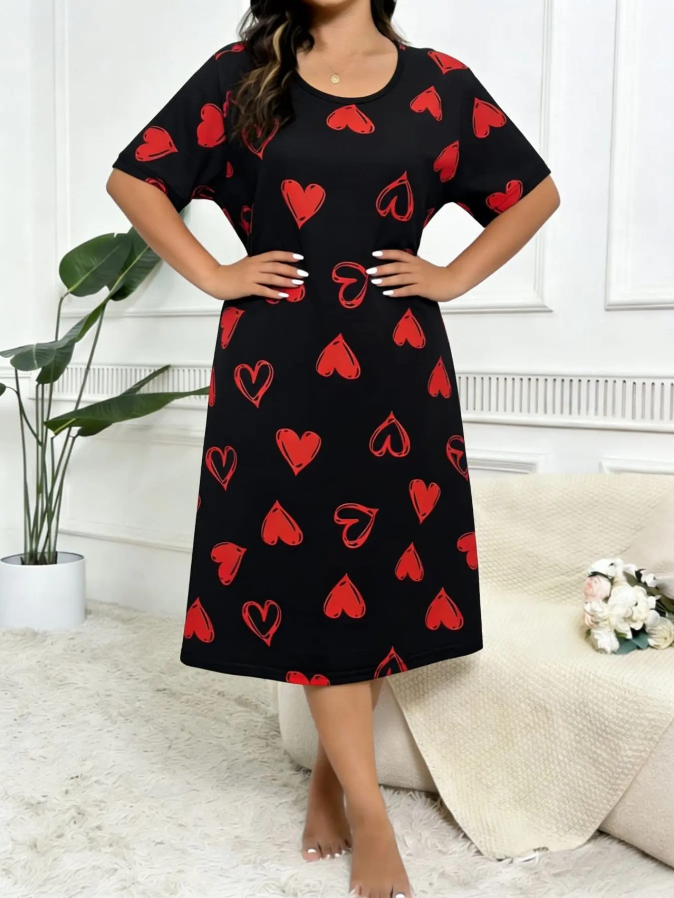 Women's Plus Size Heart Print Sleepwear, Casual Comfort Round Neck Short Sleeve Pajamas, All Season Home Wear Loungewear for Pregnant Women, Plus Size Nightgown, Plus Size Pajamas Sleepwear, Womenswear