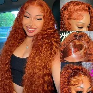 ZLIKE 13x6 350 Water Wave Pre Plucked Lace Front Wig 250% Density Ginger Orange Colored Human Hair Wigs For Women Adjustable Straps & Free Part Style
