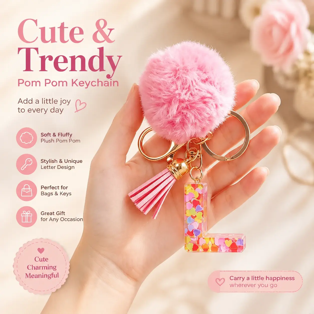 Pink Pom Pom 26 Letter Keychains, Resin Alphabet Key Chains Filled with Heart Glitter, Tassel Crystal Bag Charms Perfect birthday, holiday and party gifts for friends and family 【Back to School】- MM2
