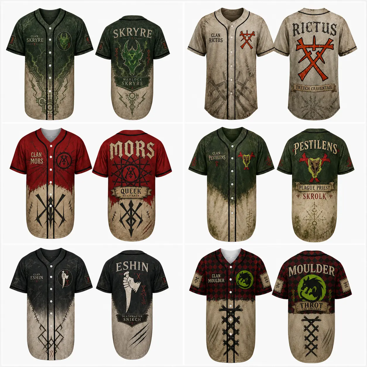 Warhammer Fantasy Skaven Faction Button-Down Baseball Jerseys - Choose Ikit Claw, Lord Skrolk or Queek Headtaker Clans - Durable and Stylish Sports Shirts Featuring Classic Grimdark Lore Iconography