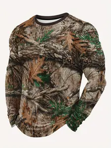 Men's round neck long-sleeved T-shirt with withered leaf print, suitable for casual, fashionable outdoor street sportswear, Athletic Shirt and everyday wear in spring and autumn.