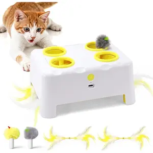 Interactive Cat Toy for Indoor Cats 3-in-1 Whack a Mole Feather Toy 3 Modes Rechargeable Auto Cat Toys for Bored Cats 4 Holes Kitten Toy 4 Accessories (White)