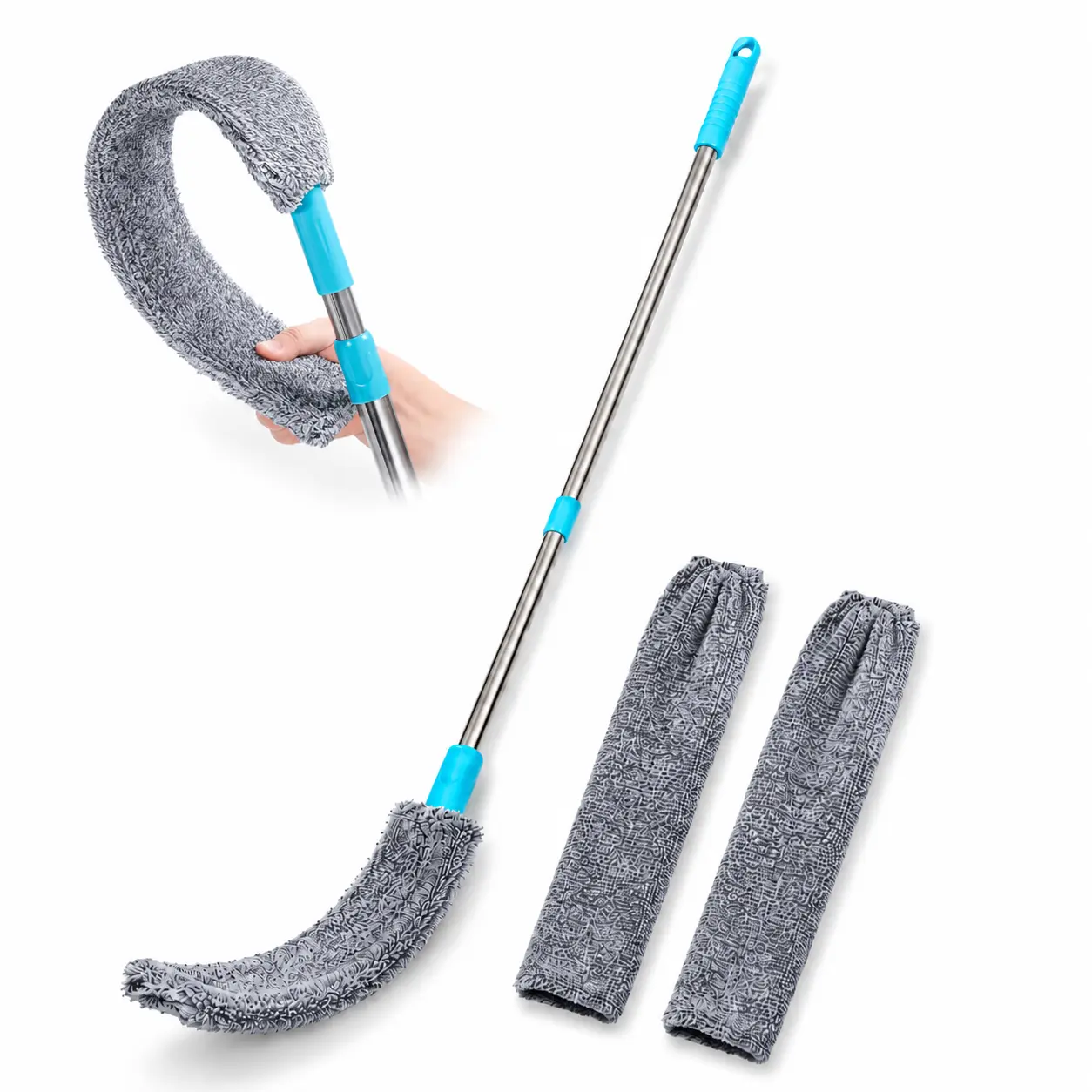 61 in Telescoping Under Bed Duster, Flexible Flat Microfiber Gap Cleaner for Sofas, Furniture and Appliances, 3 Washable Covers