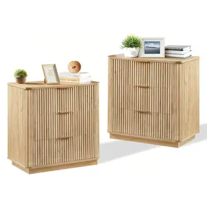 3 Drawers Dresser Set of 2, Wood Tall Nightstand, Mid-Century Fluted Dresser with Deep Drawers, Modern Chest of Drawers with Curved Profile Design for Bedroom, Living Room,Oak