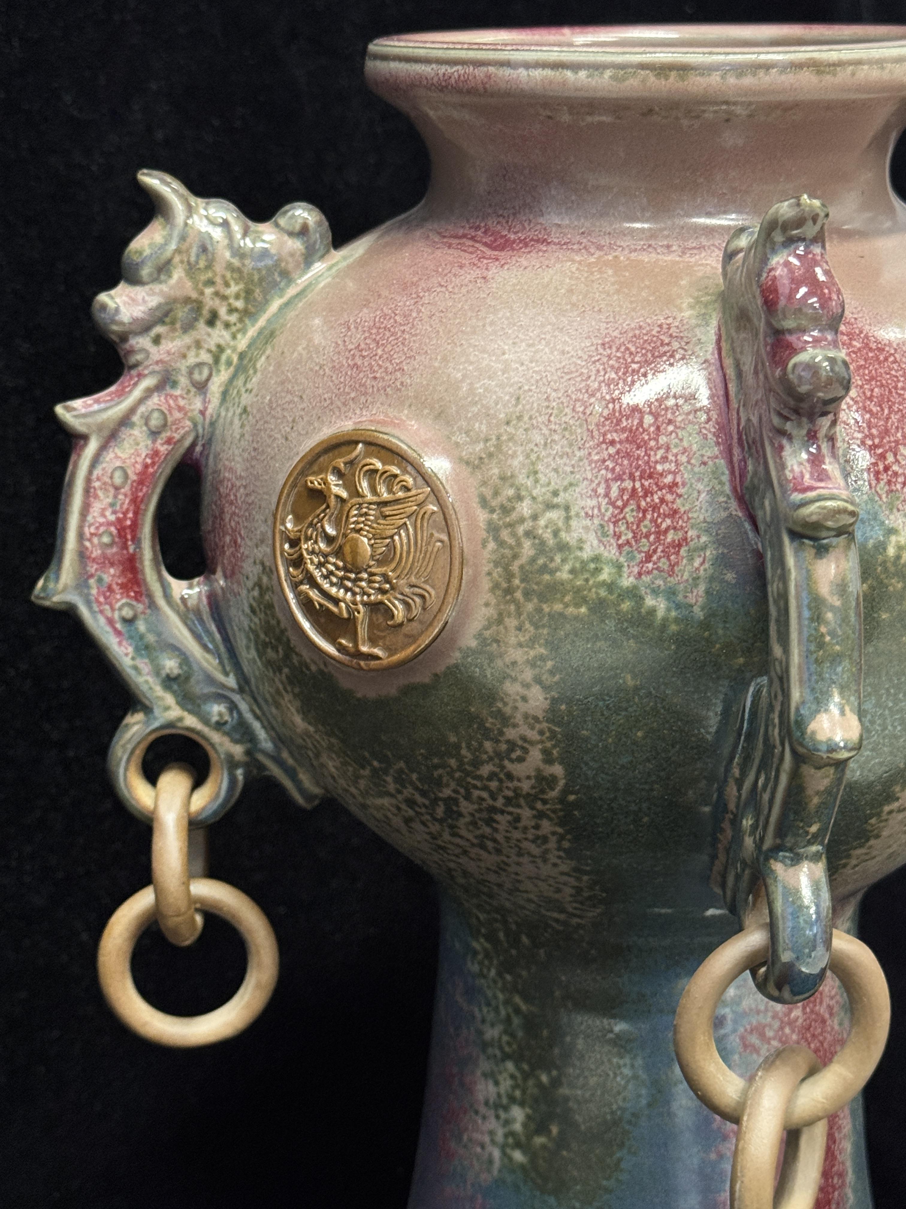 Handmade Chinese Jun Porcelain Vase with Dragon & Phoenix Relief, Vintage Kiln-Fired Glaze Ceramic Vase, Lucky Asian Art Home Decor