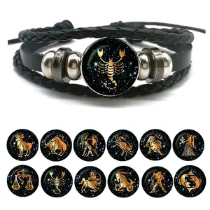 12 GLOW In The Dark! Zodiac Signs Leather Bracelet for Men and Women Braided Rope Bracelets