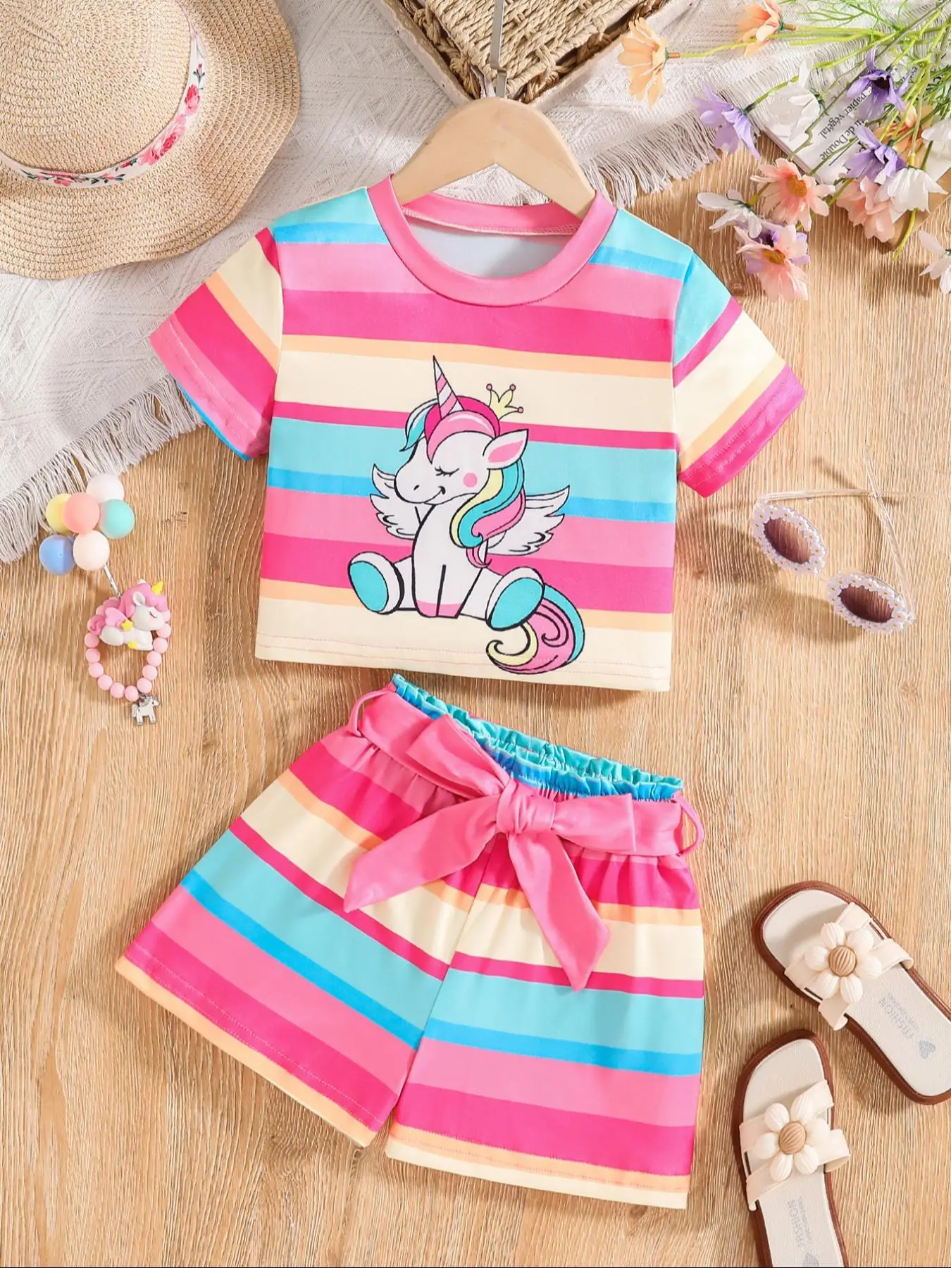 Girl's Unicorn Print Short Sleeve Tee & Striped Print Shorts & Belt Set, Cute Casual Summer Outfits Set for Little Girls, Kids Clothes for Daily Wear,
