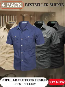 Men's Rugged Short Sleeve Cargo Shirts, Bestseller 4-Pack, Slim-Fitting Long Blouses, Ideal for Outdoor & Auto Repair, 6 Color Options