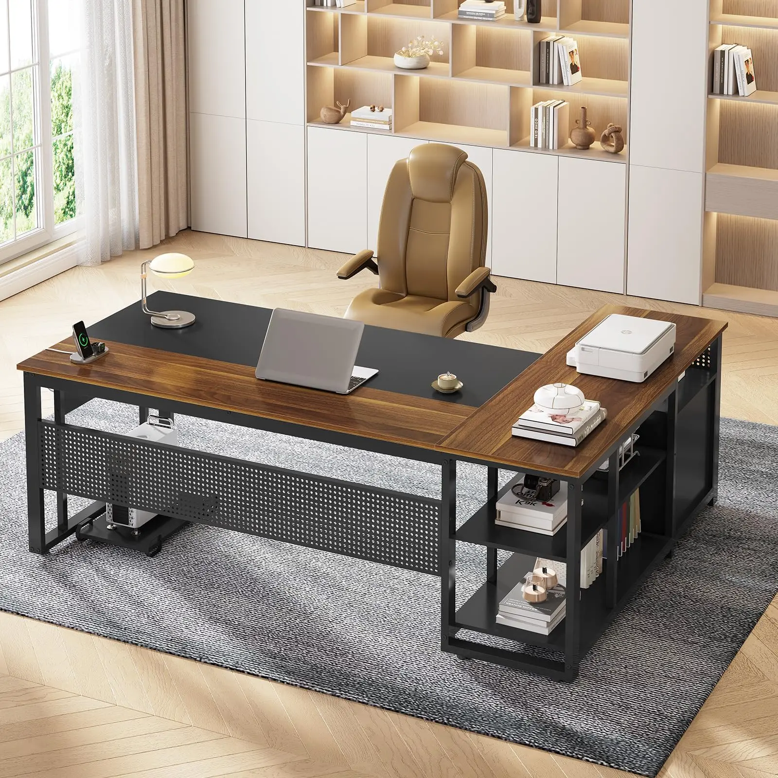 71" Reversible L-Shaped Executive Desk with Power Outlet & File Drawers, Large Computer Gaming Desk with Pegboard & CPU Stand, Modern Home Office Workstation (Walnut)