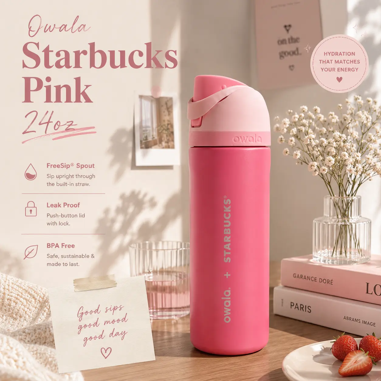 Starbucks Owala Pink 24oz Stainless Steel Water Bottle with FreeSip Lid | Viral Aesthetic Bottle for Women & Everyday Hydration