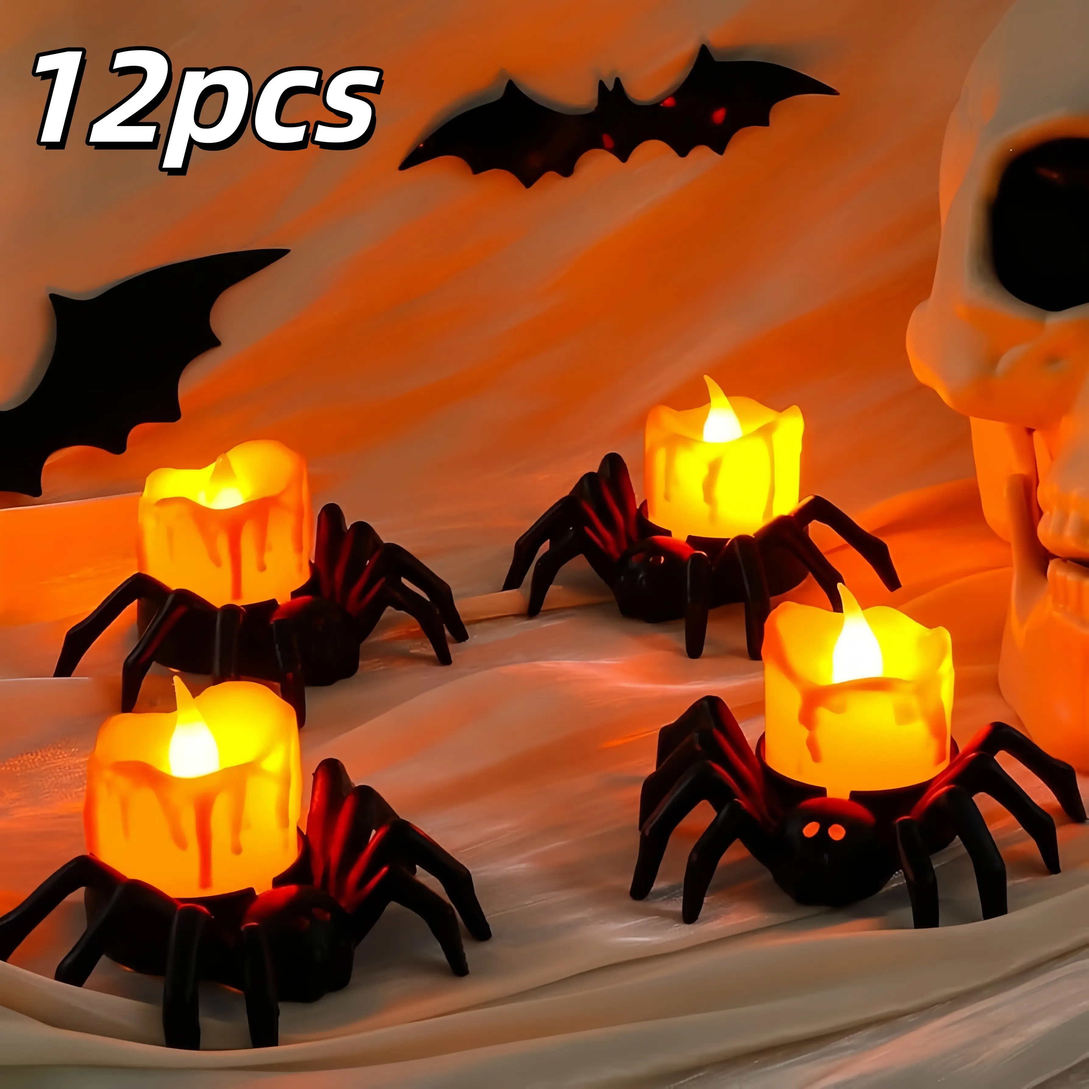 12 Halloween tea candles, battery-powered flameless Halloween LED candles, spider-shaped tea candles, spooky realistic spider candles, perfect for Halloween party decorations, vintage Halloween decorations