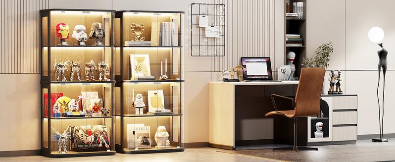 BROTTAR 65" Rounded Display Cabinet with Glass Door, 4-Tier Curio Cabinet with Transparent Full-Display Surface, Glass Display Case with 3 Color Lights for Collectibles, Human Body Sensor, White