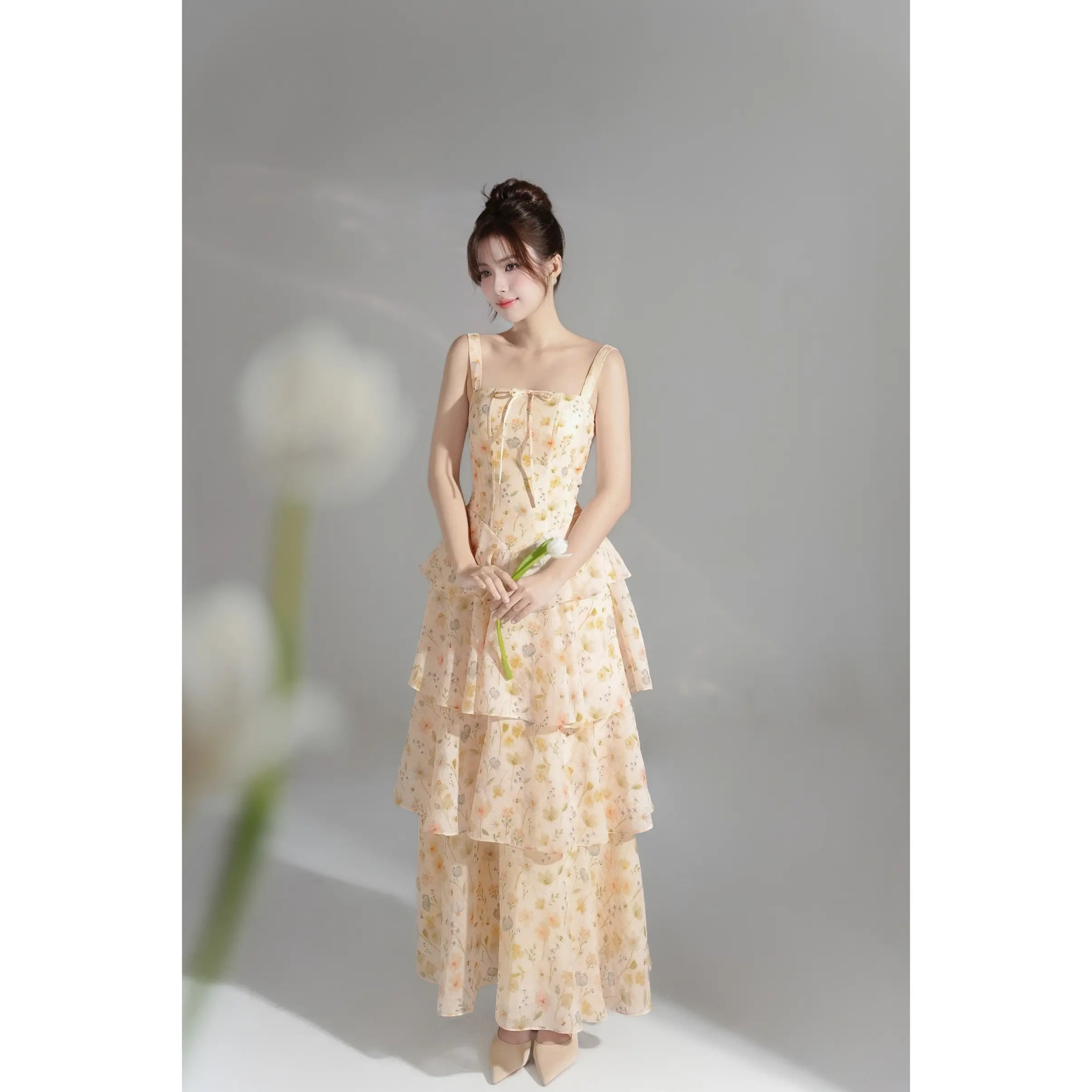 Amber Dress - Pastel Orange Mixed Floral Layer Maxi Dress