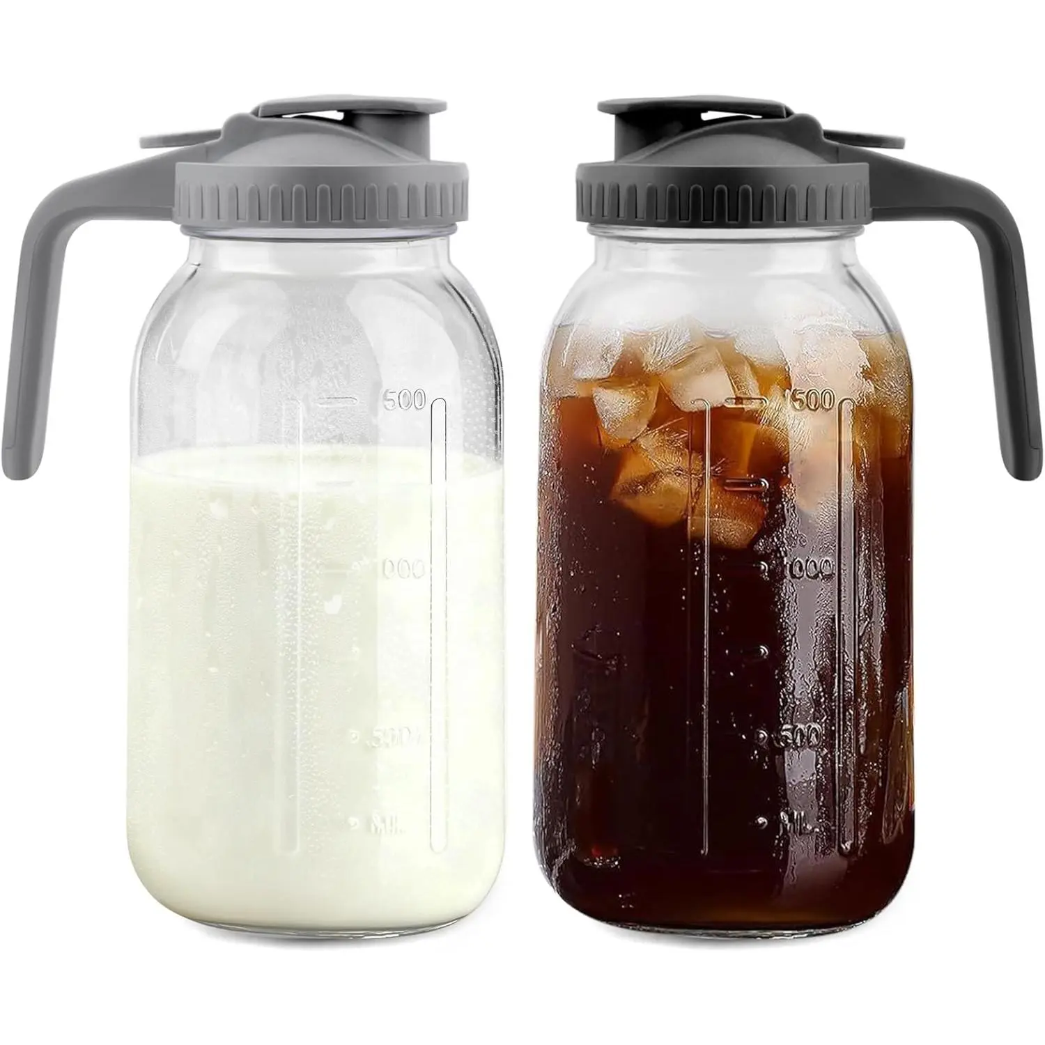 64 Oz Glass Pitcher with Lid 2 Pack, 2 Quart Heavy Duty Breast Milk Pitcher, Thickened Glass, Leak-Proof, Wide Mouth Mason Jar with Pouring Airtight Lid,Ideal for Fridge Storage(pack of 2)