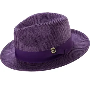 Purple Braided Wide Brim Pinch Crown Fedora Hat with Matching Grosgrain Ribbon