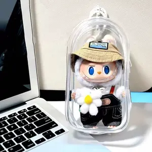 Labubu Transparent Plastic Display Pouch for Labubu & Dolls Portable Protective Case with Keychain Dustproof Scratch-Resistant Cover RainProof for Labubu Collectors