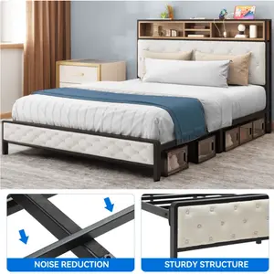 Beige Queen Size Platform Bed Frame with Storage Headboard, Requires No Box Spring, Perfect for Adult