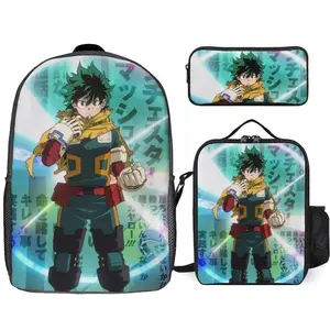 Hero-Academia Izuku Midoriya 3 Piece Backpack Set with Lunch Bag Pencil Case , High Capacity Bookbag with Lunch Box Pen Box Workplace Travel