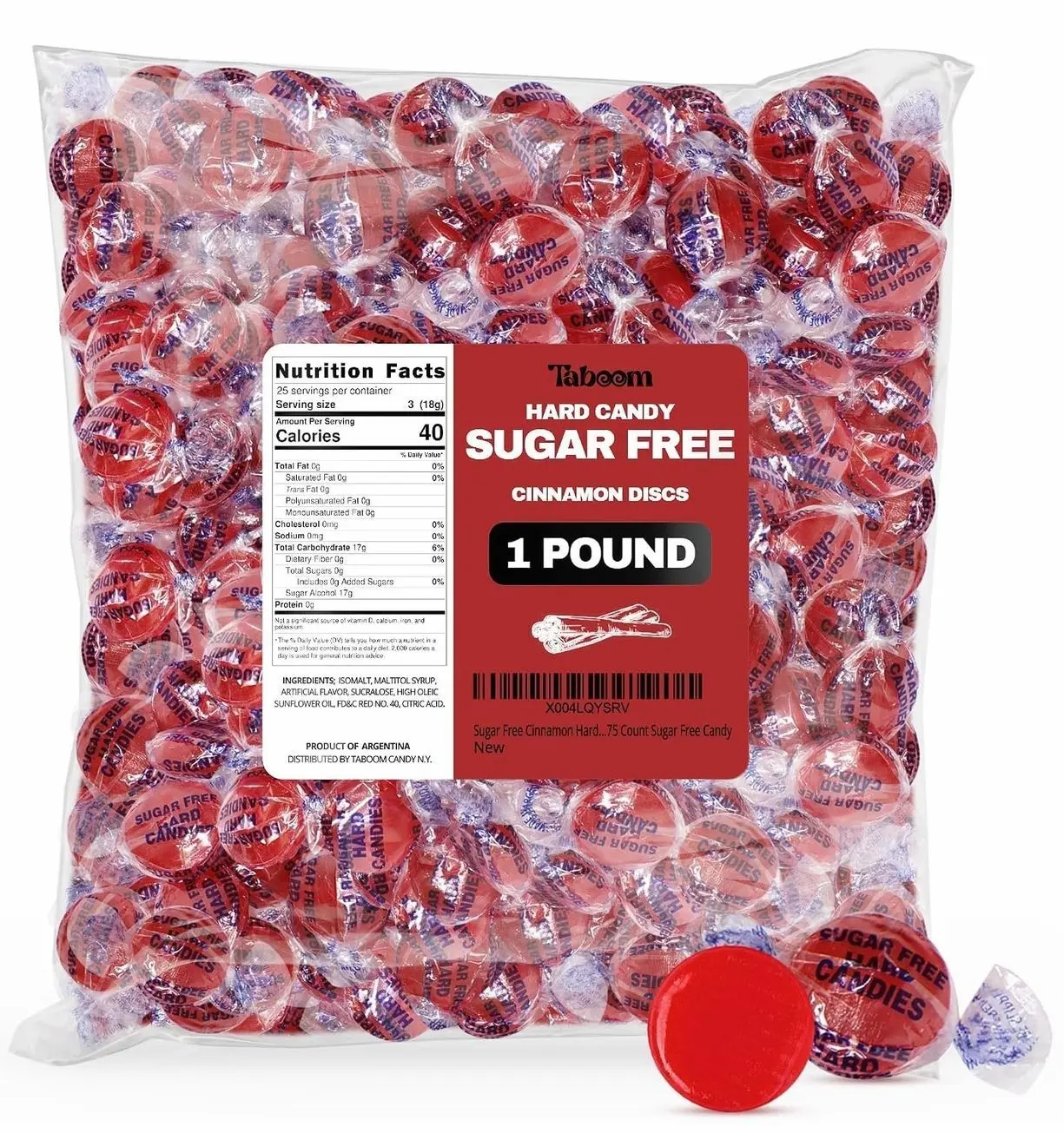 Sugar Free Hot Cinnamon Hard Candy Discs 1 Pound Candies - Approx. 75 Individually Wrapped Red Fiery Cinnamon Candies For Snacks & Treats, Sugar Free Candy - Taboom