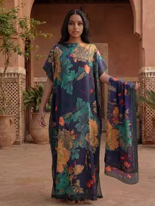 Women's Casual Striped Long Robe Set, Full-Print Hooded Shawl Dress + Headscarf Scarf, Beach Sun Protection Satin Silk Wrap