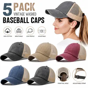 5 Pack Vintage Washed Baseball Caps, Distressed Plain Dad Hats for Men & Women, Adjustable Low Profile Unstructured Cotton Golf Sun Hat Set with Ponytail Hole