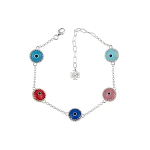 5 Beads Multi Color Evil Eye Women Silver Link Bracelet
