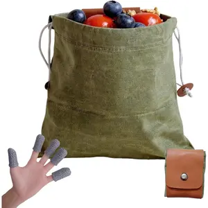 Outdoor Water-Resistant Foraging Bag – Collapsible Waist Pouch with Drawstring & Finger Guards, Berry Picking Bag for Hiking, Camping, Gardening, Mushroom Harvesting (Green)