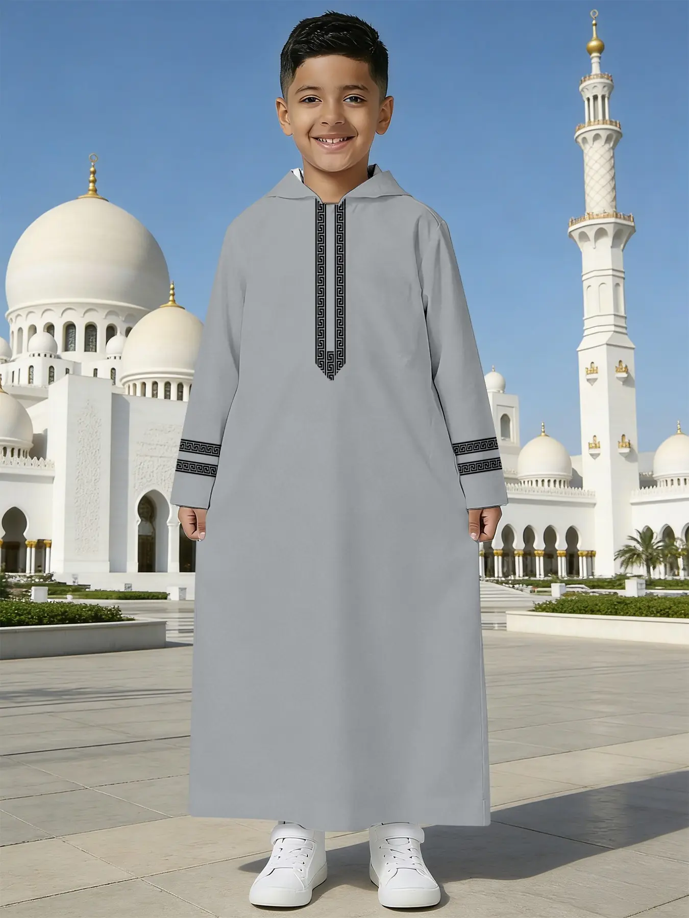 punch monkey Kids Wear, Boys Grey Black Greek Key Embroidered Hooded Thobe for Prayer & Festivals