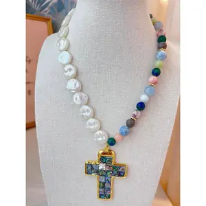Natural Abalone Gold Cross Pendant Colorful Beaded Necklace